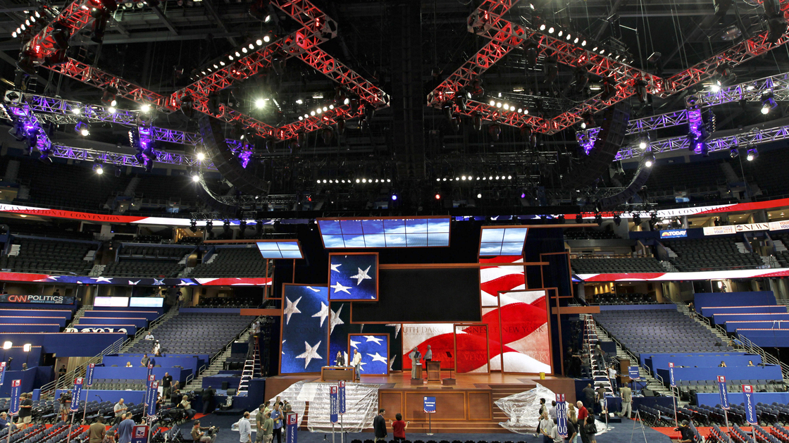 Workers prepare for the Republican National Convention inside the Tampa Bay Times Forum in Tampa, Fla., on Saturday.