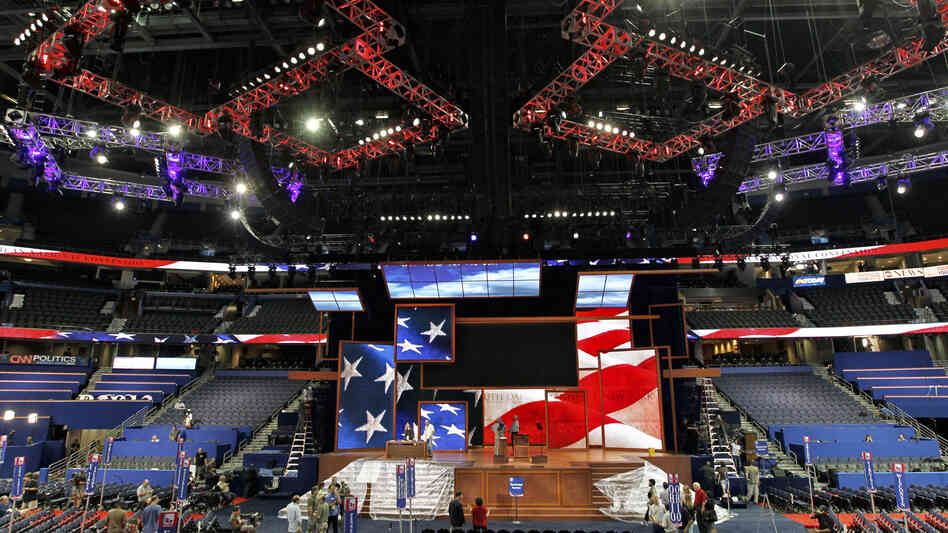 Workers prepare for the Republican National Convention inside the Tampa Bay Times Forum in Tampa, Fla., on Saturday.