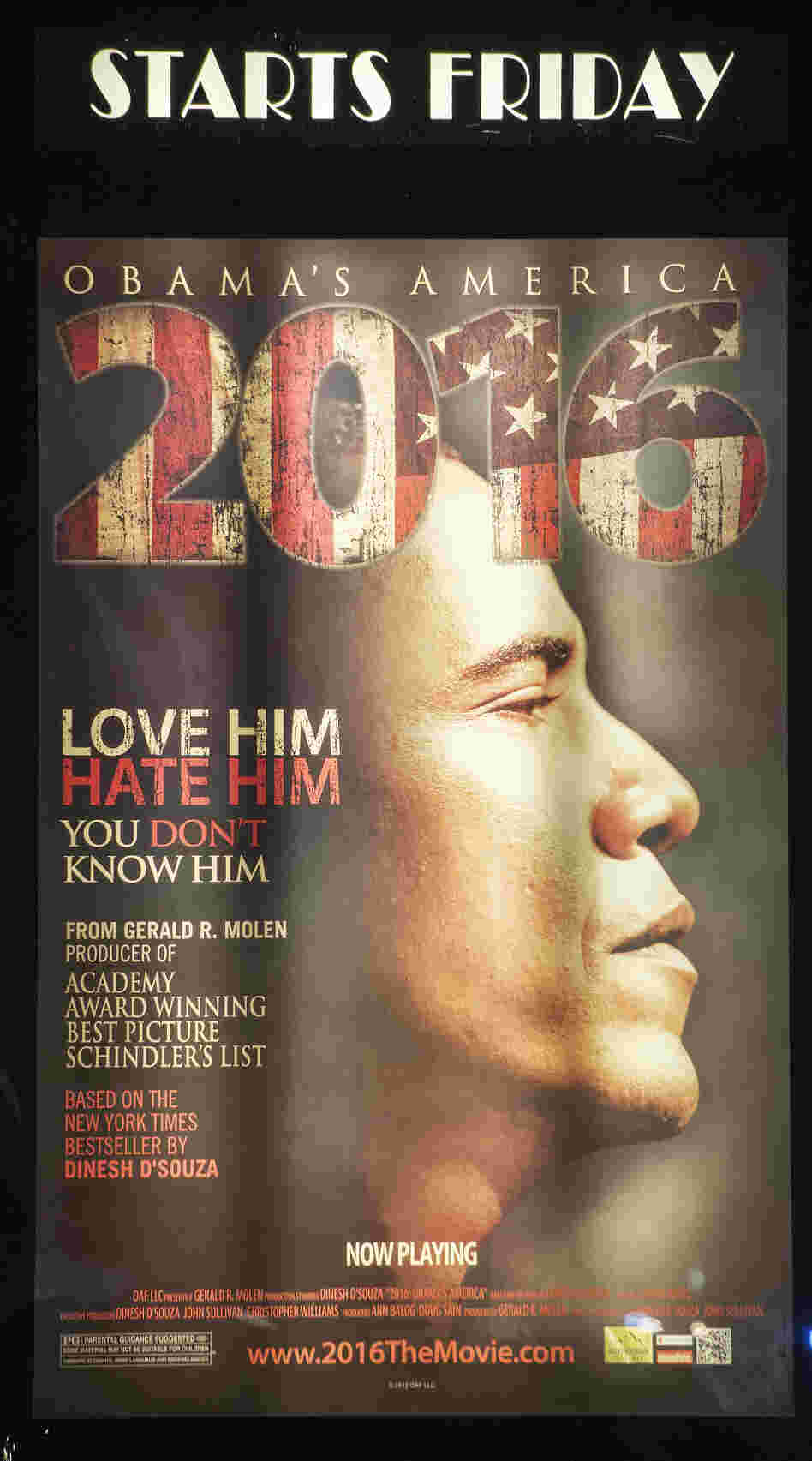 A promotional poster is seen at the Rave Fairfax Corner movie theater in Fairfax, Virginia, announcing the new movie "2016: Obama's America" that opened in theaters across the US, August 24, 2012.