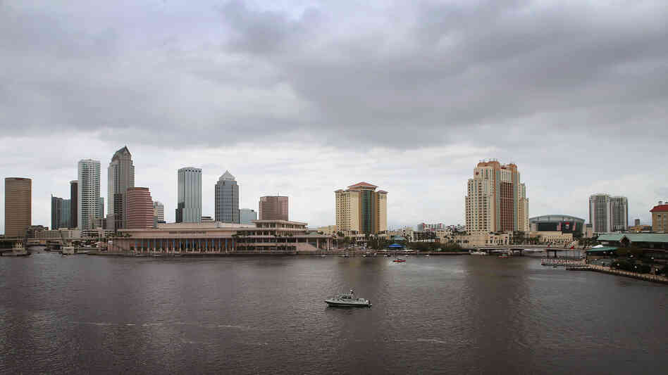 A police boat patrols the waterways in the downtown area Monday in Tampa, Fla., site of the Republican National Convention.