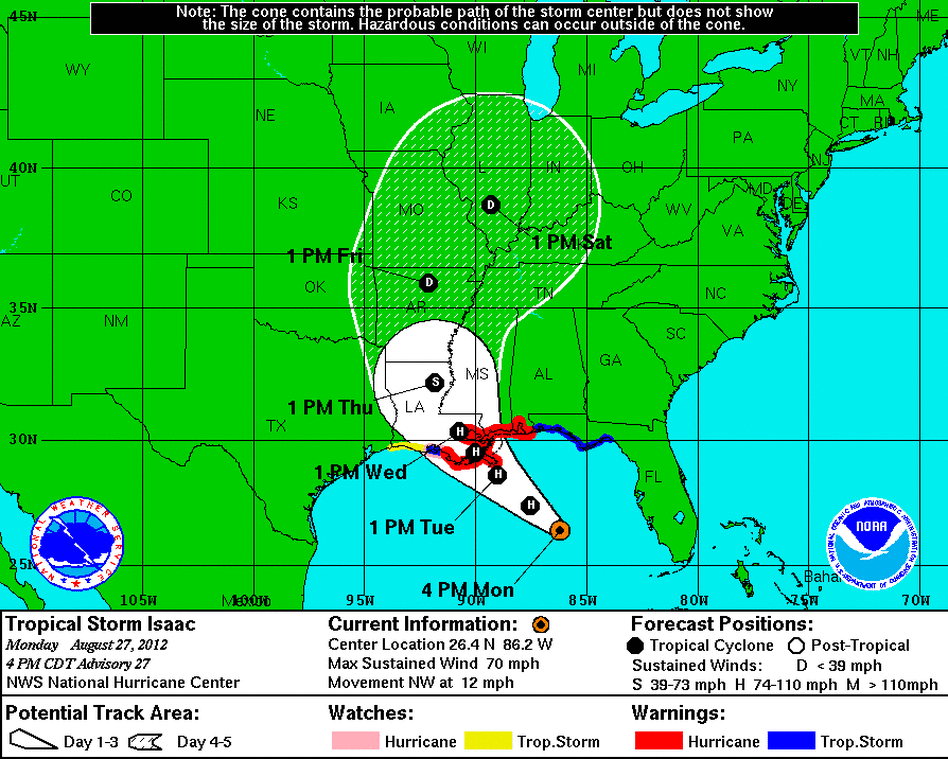 The projected track of Tropical Storm Isaac.