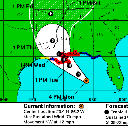 The projected track of Tropical Storm Isaac.