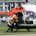 Cellist Karl Huros alights a helicopter for his 2007 performance in Stockhausen's Helicopter Quartet, taken from his opera cycle Light.