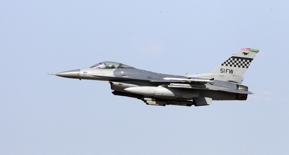 A U.S. Air Force F-16 multi role fighter Falcon during an exercise at the U.S. airbase in Osan, South Korea.