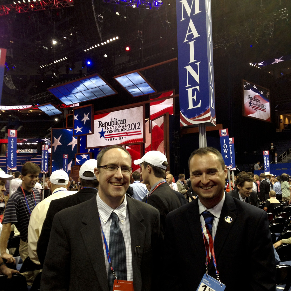 Maine delegates Ron Morrell (left) and state representative Aaron Libby support Ron Paul.