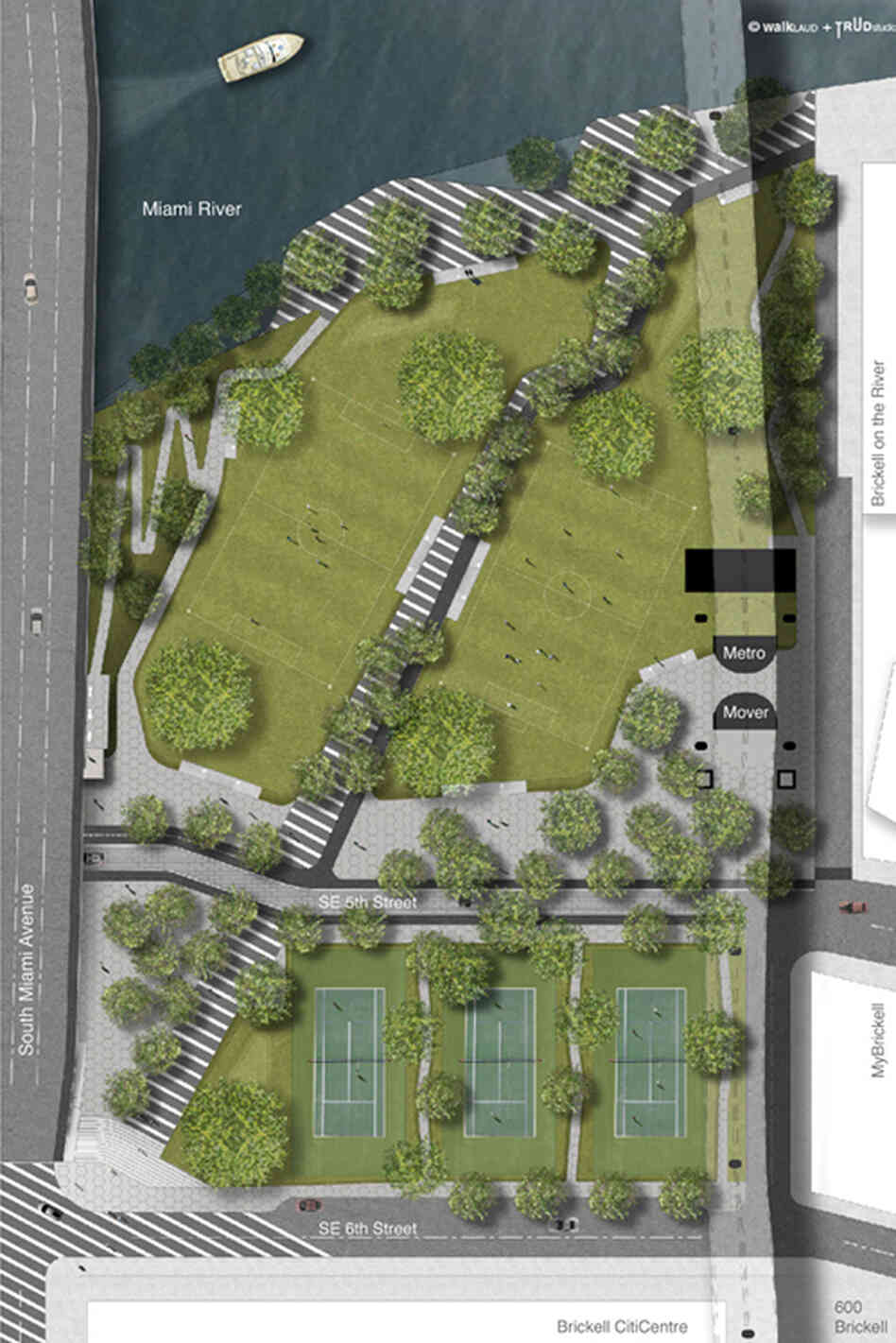 A site plan Brickell Green Space commissioned of the park it hopes to see built in downtown Miami. The space would include tennis courts, open fields and a jogging loop.