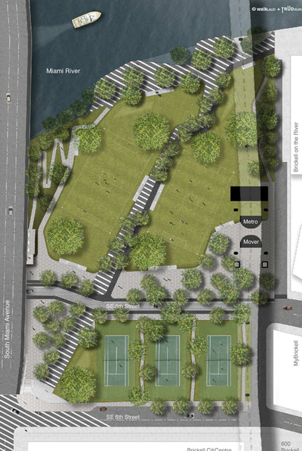 A site plan Brickell Green Space commissioned of the park it hopes to see built in downtown Miami. The space would include tennis courts, open fields and a jogging loop.