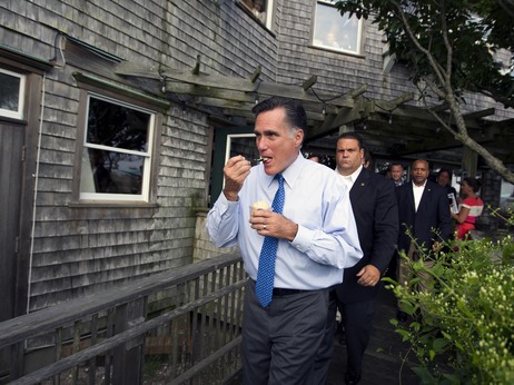 Republican presidential candidate Mitt Romney eats ice cream from Millie's on the run before a fundraising event earlier this month in Nantucket, Mass. Republican presidential candidate Mitt Romney eats ice cream from Millie's on the run before a fundraising event earlier this month in Nantucket, Mass.