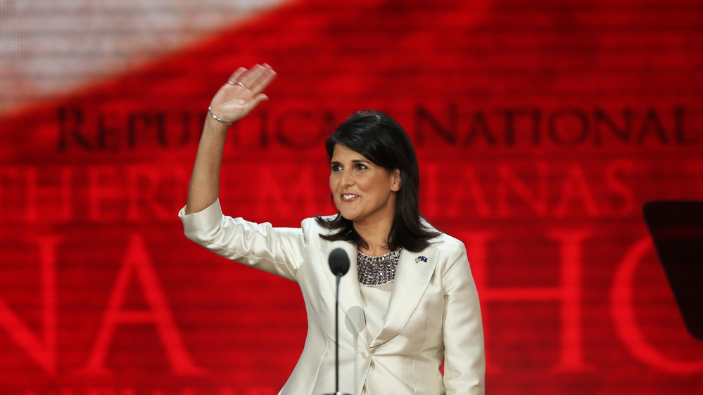 South Carolina Gov. Nikki Haley speaks Tuesday at the Republican National Convention in Tampa, Fla. Earlier in the day, she said: "It's offensive to me as a woman and as a minority that Democrats can go and say, 'That party hates you,' and can get away with that."