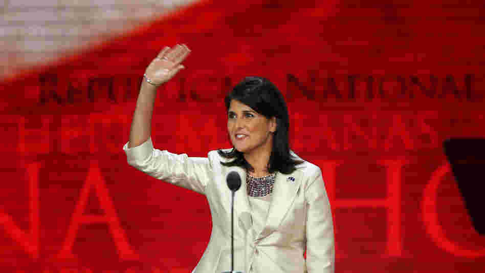 South Carolina Gov. Nikki Haley speaks Tuesday at the Republican National Convention in Tampa, Fla. Earlier in the day, she said: "It's offensive to me as a woman and as a minority that Democrats can go and say, 'That party hates you,' and can get away with that."