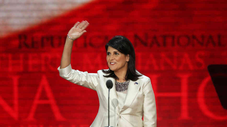 South Carolina Gov. Nikki Haley speaks Tuesday at the Republican National Convention in Tampa, Fla. Earlier in the day, she said: "It's offensive to me as a woman and as a minority that Democrats can go and say, 'That party hates you,' and can get away with that."