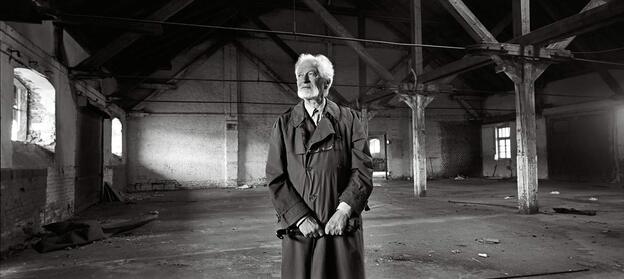 Toman Brod, born in 1929, in a World War II vintage rail building ... from where he was deported, Prague, June 2012.