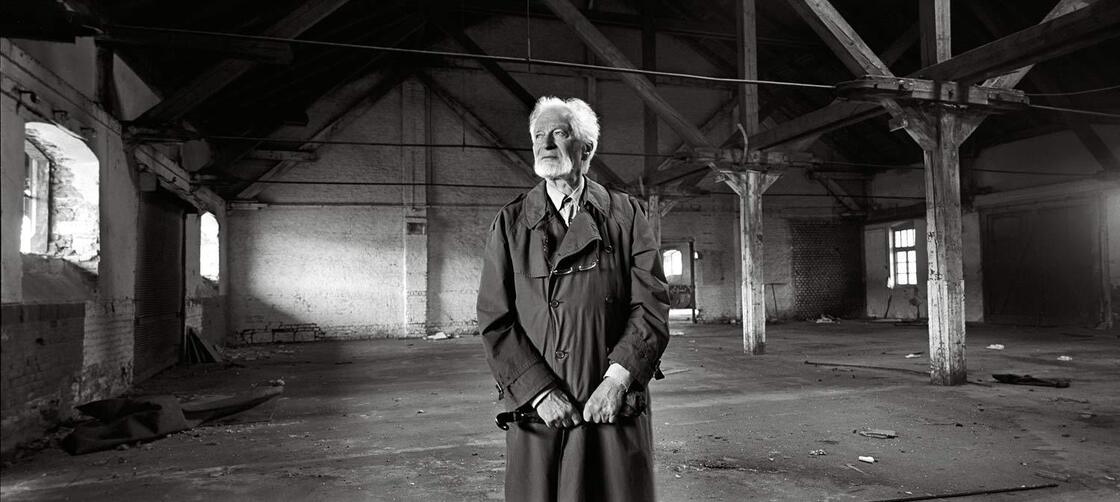 Toman Brod, born in 1929, in a World War II vintage rail building ... from where he was deported, Prague, June 2012.