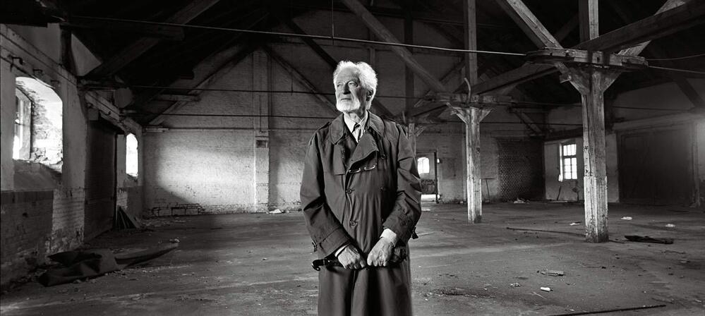Toman Brod, born in 1929, in a World War II vintage rail building ... from where he was deported, Prague, June 2012.