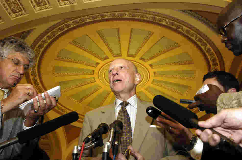 Specter speaks to reporters on Capitol Hill in July 2005. Five months earlier, he announced that he had been diagnosed with Hodgkin's disease, a cancer of the lymphatic system. He worked during chemotherapy, and on July 22, 2005, ended his treatment. Three years later, his cancer returned and he underwent chemotherapy again.