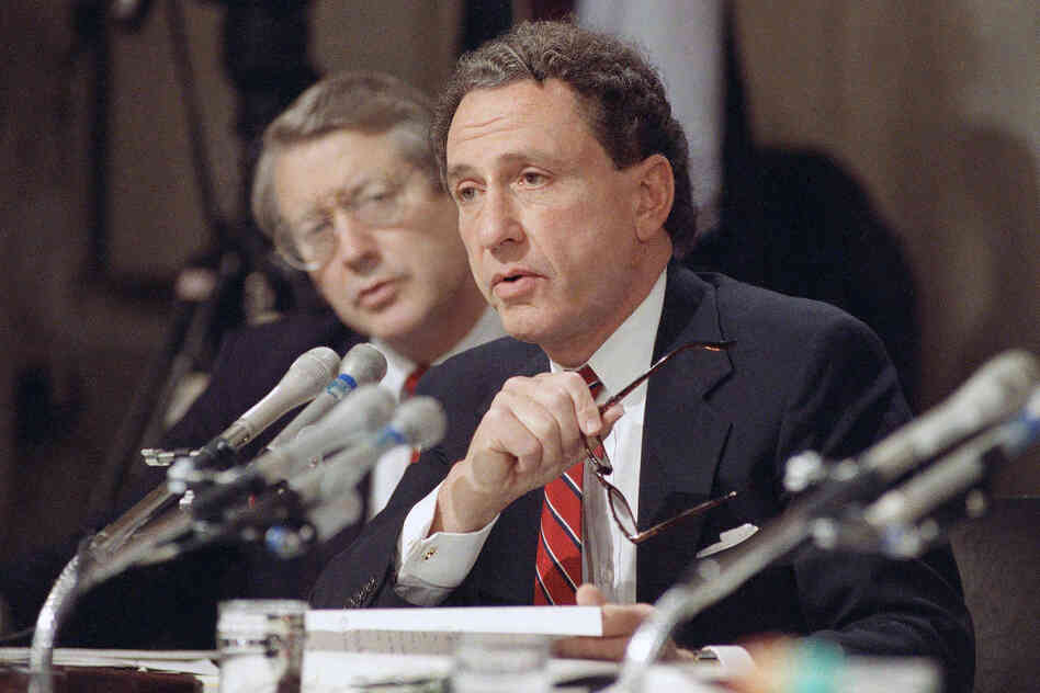 Senate Judiciary Committee member Arlen Specter, R-Pa., questions witnesses defending law professor Anita Hill at the confirmation hearings for Supreme Court nominee Clarence Thomas on Oct. 13, 1991. Hill had alleged that Thomas sexually harassed her in the 1980s. 