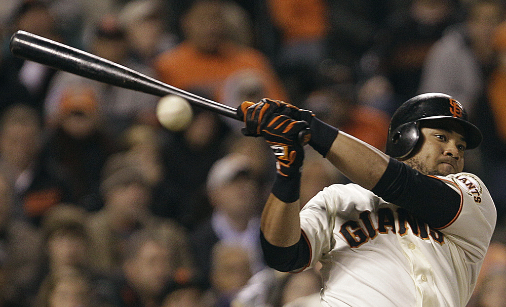 San Francisco Giants' Melky Cabrera fouls off a pitch. Cabrera was suspended Aug 15 for 50 games without pay after testing positive for high levels of testosterone.