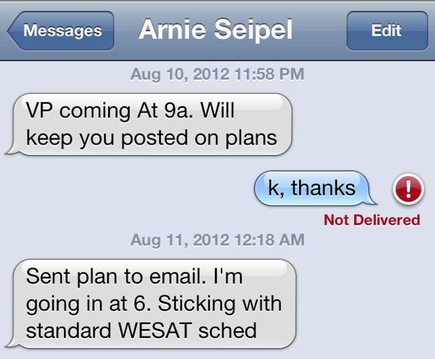 Arnie's messages to Emily at 11:58 p.m. on Friday and 12:18 a.m. on Saturday telling us the plans for the VP announcement later Saturday morning.