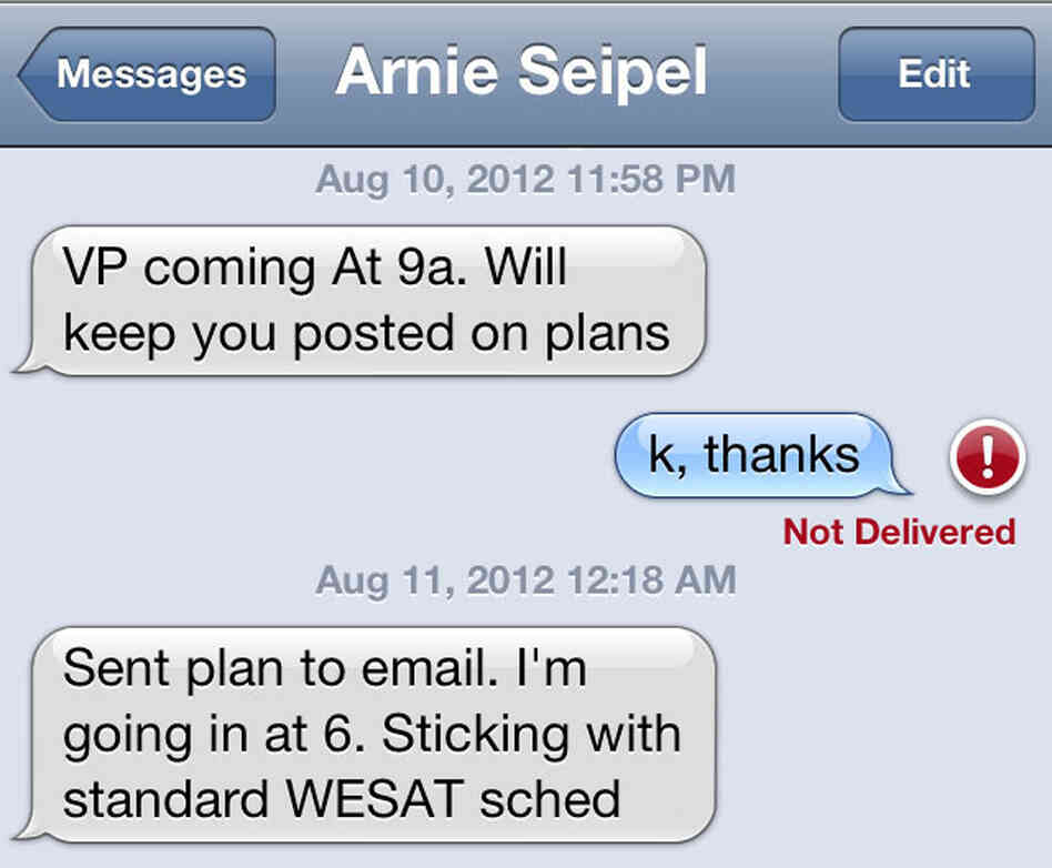 Arnie's messages to Emily at 11:58 p.m. on Friday and 12:18 a.m. on Saturday telling us the plans for the VP announcement later Saturday morning.
