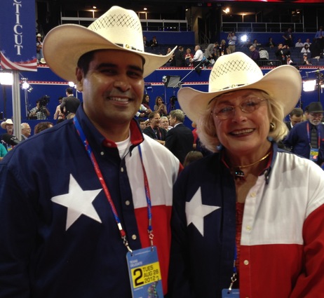 Howdy from Tampa: Texas delegates Gil Hernandez, 43, of Corpus Christi, and JoAnn McCracken, 73, of Houston, were proudly showing their colors Tuesday at the Republican National Convention. Howdy from Tampa: Texas delegates Gil Hernandez, 43, of Corpus Christi, and JoAnn McCracken, 73, of Houston, were proudly showing their colors Tuesday at the Republican National Convention.