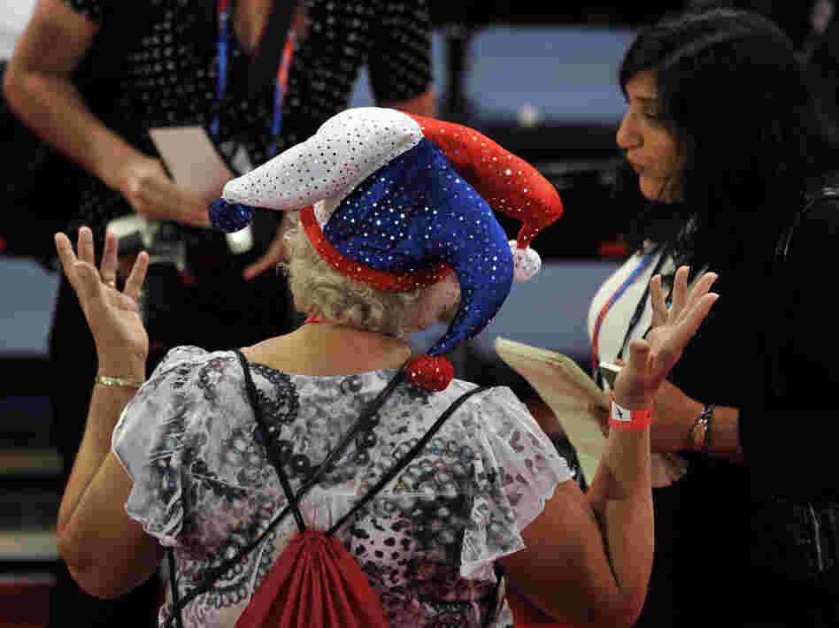 In Tampa Tuesday, a colorfully dressed delegate spoke to reporters on the floor of the Republican National Convention.