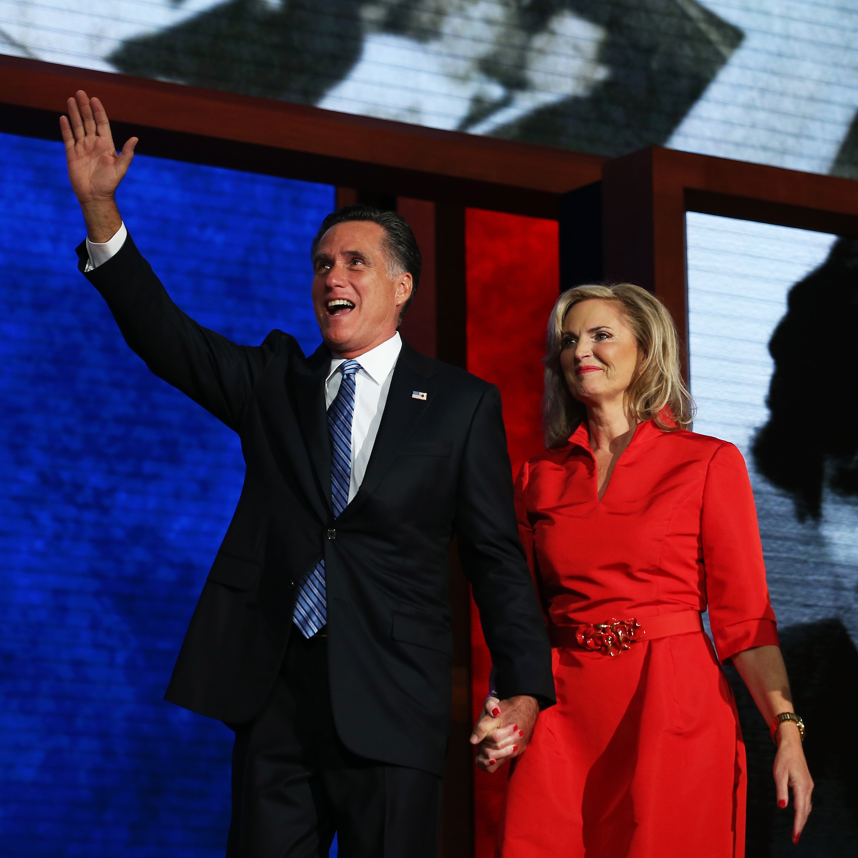 Mitt Romney and his wife Ann Romney on the stage of the Republican National Convention in Tampa after her address to the delegates. He officially became the party's presidential nominee Tuesday.