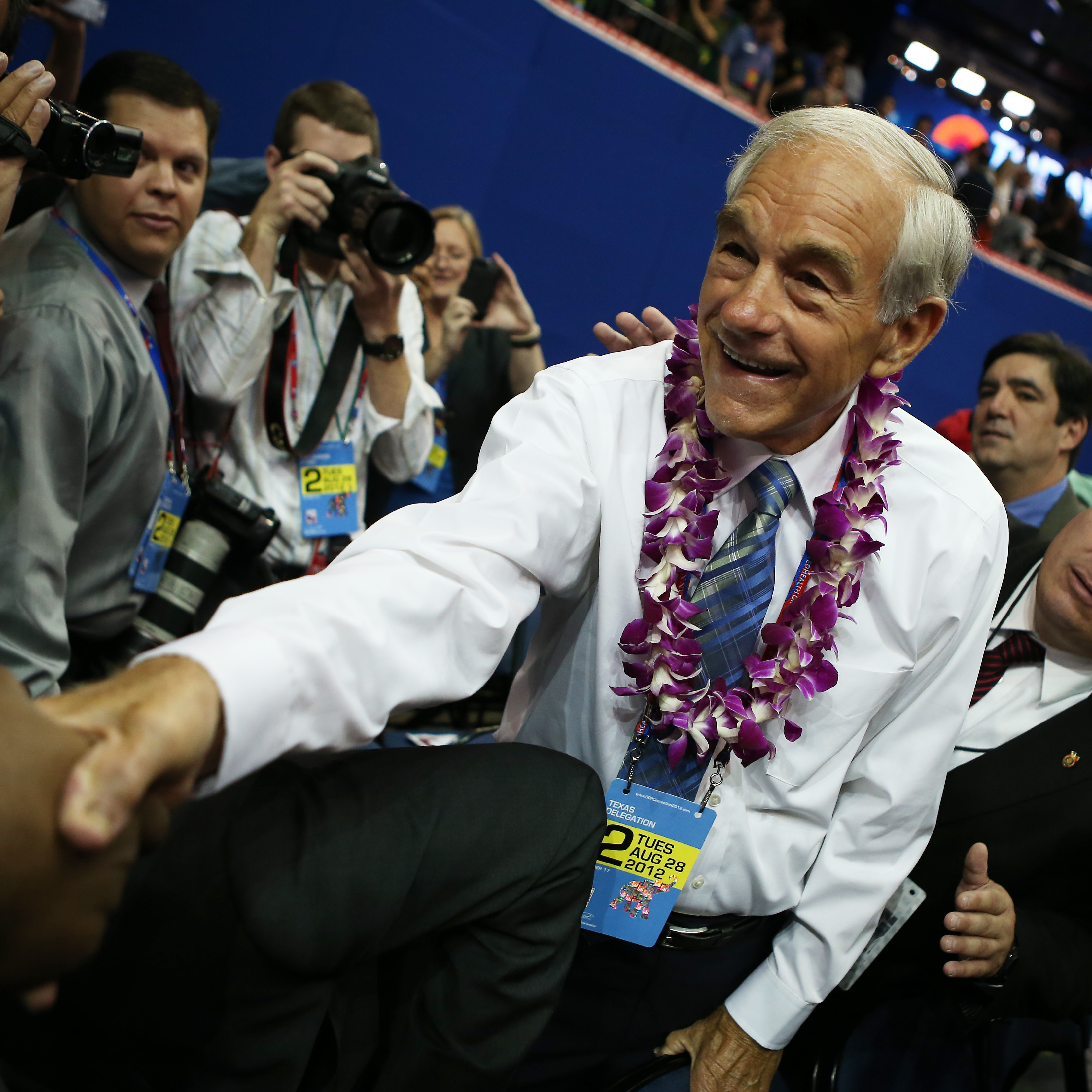 Rep. Ron Paul, R-Texas, and his supporters made some noise a few minutes before the 2012 Republican National Convention convened in Tampa. He walked across the convention floor, to the delight of his supporters.