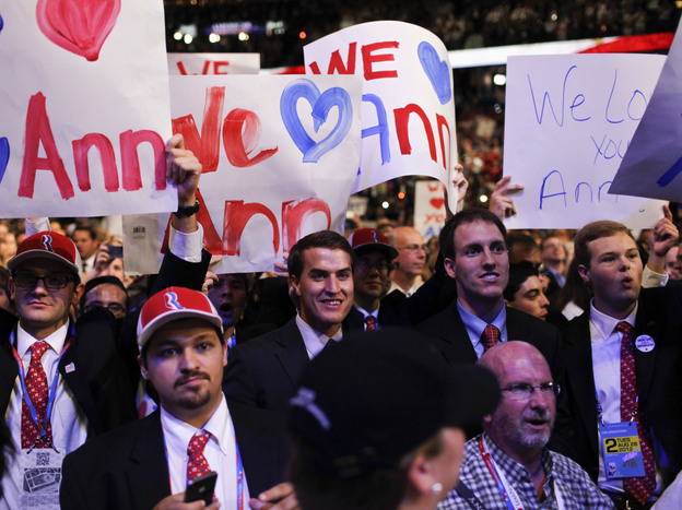 Supporters react during Ann Romney's speech on Tuesday at the Republican National Convention.