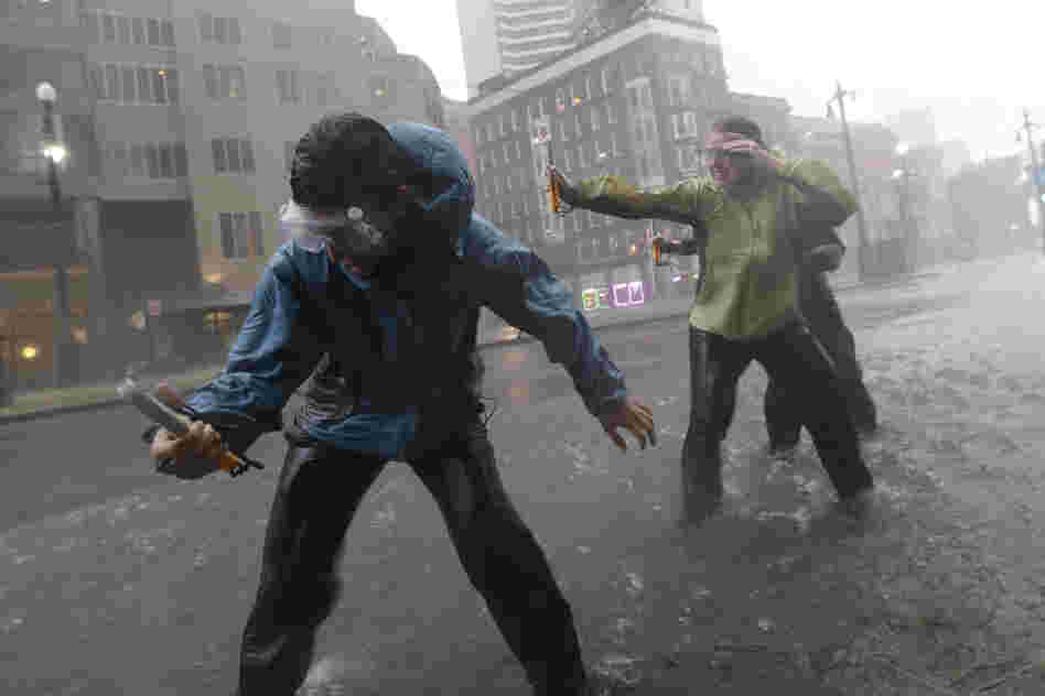 Research students from the the University of Alabama measure wind speeds as Hurricane Isaac makes landfall Tuesday in New Orleans.