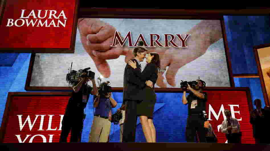 Bradley Thompson proposes to his girlfriend Laura Bowman on the stage of the Republican National Convention this morning in Tampa.