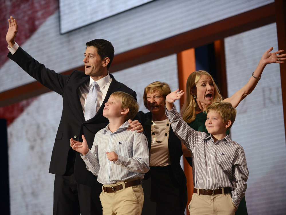 Republican vice presidential nominee Paul Ryan and his wife, Janna (at right), along with two of their children and his mother, Betty, on stage Wednesday in Tampa.