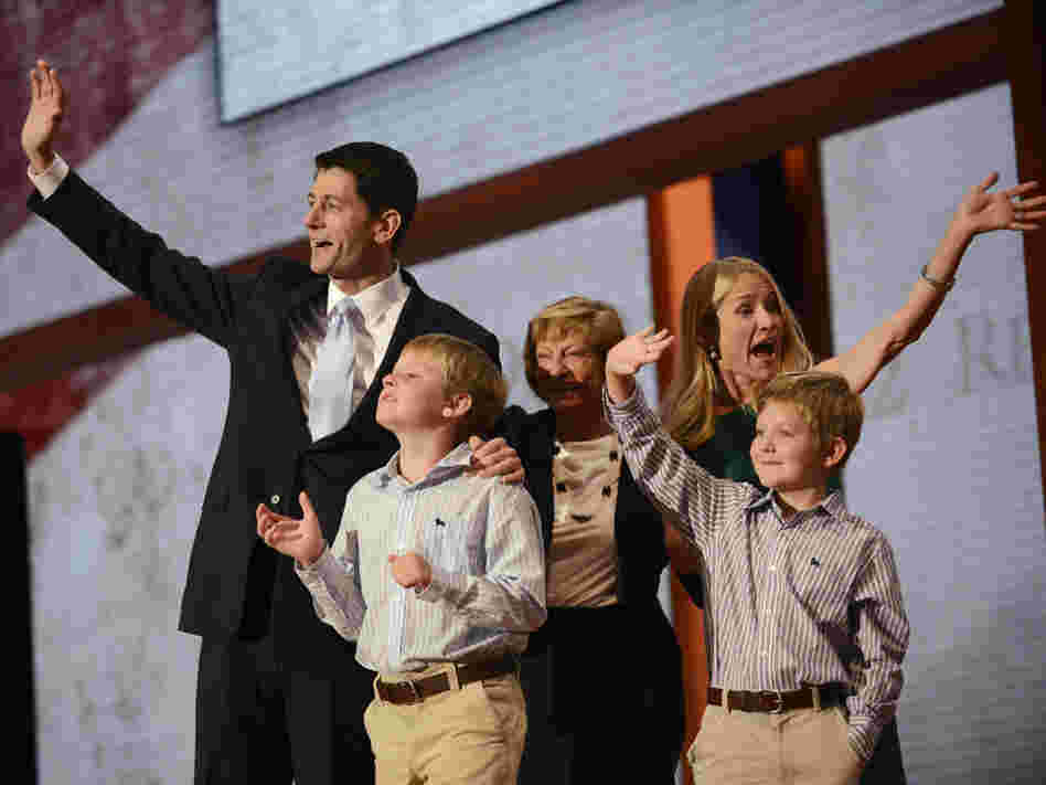 Republican vice presidential nominee Paul Ryan and his wife, Janna (at right), along with two of their children and his mother, Betty, on stage Wednesday in Tampa.