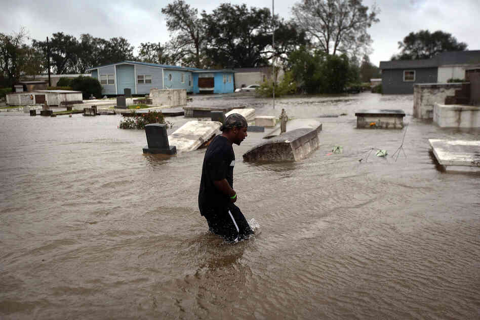 Errol Ragas walks past a cemetery to recover dry blankets from his home as rising waters from Hurricane Isaac flood the neighborhood  of Oakville in Plaquemines Parish, Louisiana.