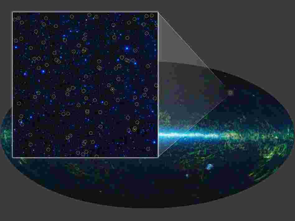 With its all-sky infrared survey, NASA's Wide-field Infrared Survey Explorer, or WISE, has identified millions of quasar candidates. This image zooms in on one small region of the WISE sky, covering an area about three times larger than the moon. The WISE quasar candidates are highlighted with yellow circles.