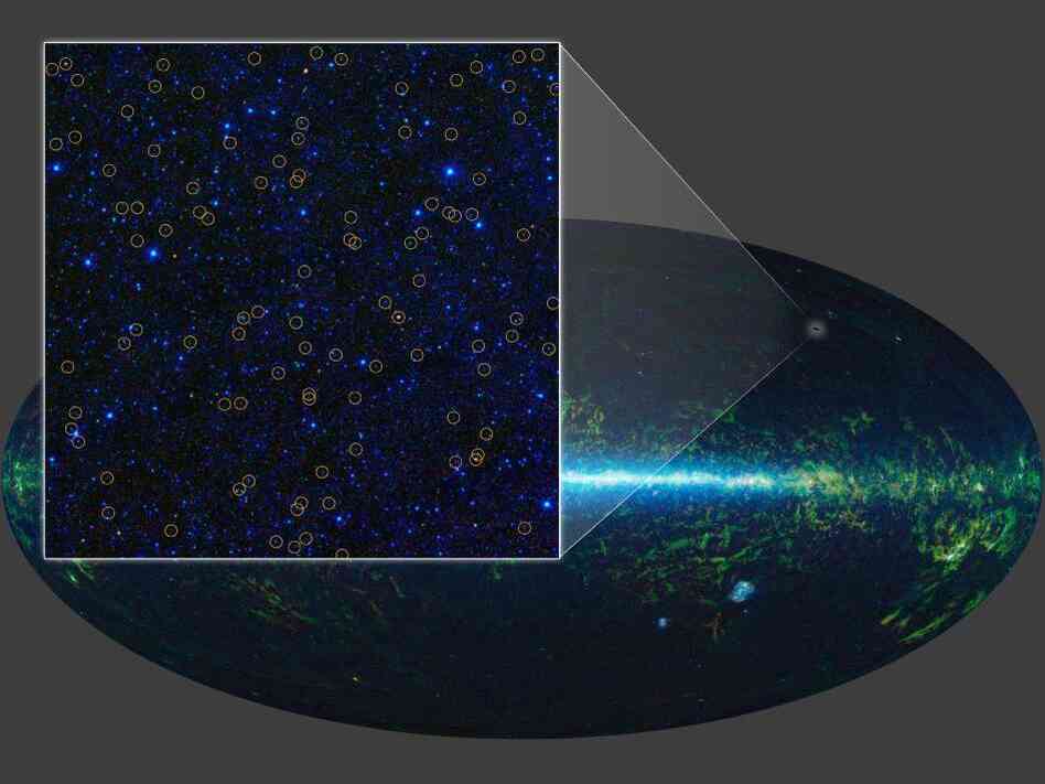 With its all-sky infrared survey, NASA's Wide-field Infrared Survey Explorer, or WISE, has identified millions of quasar candidates. This image zooms in on one small region of the WISE sky, covering an area about three times larger than the moon. The WISE quasar candidates are highlighted with yellow circles.