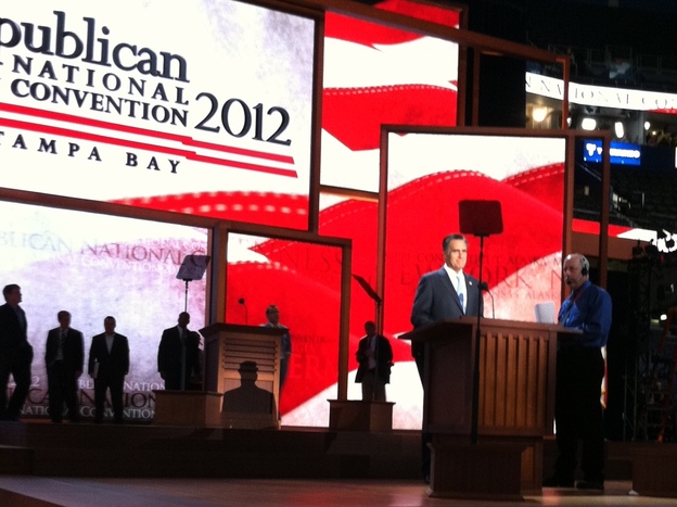 This afternoon, Republican presidential nominee Mitt Romney came to the Tampa Bay Times Forum to see the stage where he will accept his party's presidential nomination.