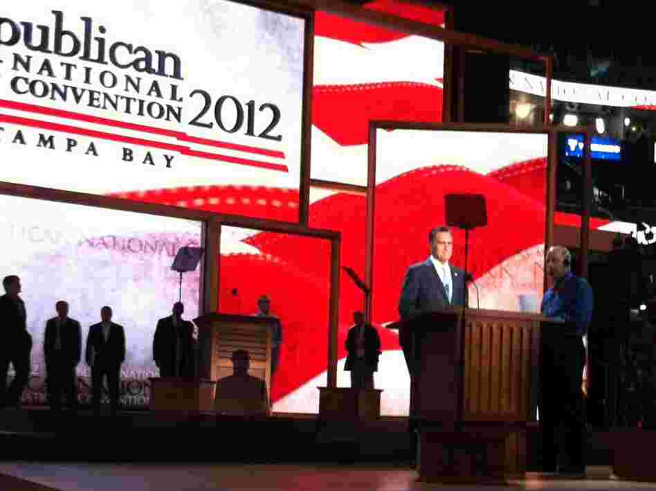 This afternoon, Republican presidential nominee Mitt Romney came to the Tampa Bay Times Forum to see the stage where he will accept his party's presidential nomination.