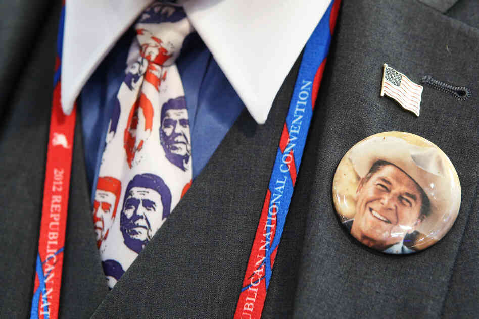 North Carolina delegate John Steward wears a Ronald Reagan button and tie.