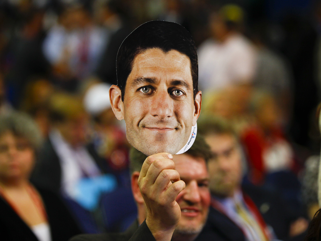A delegate shows his support for Paul Ryan on a night dominated by the acceptance speech of the vice presidential nominee.
