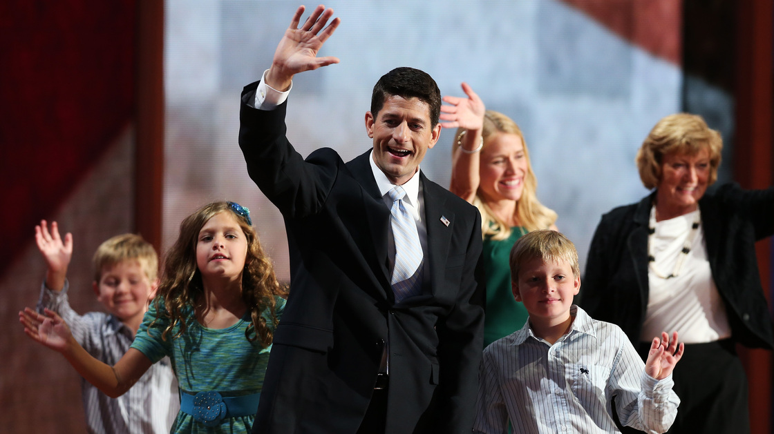 Republican vice presidential candidate, Rep. Paul Ryan waves with his family Wednesday at the GOP convention in Tampa. Also on stage: his daughter Liza, sons Charlie and Sam Ryan, wife Janna and mother Elizabeth.