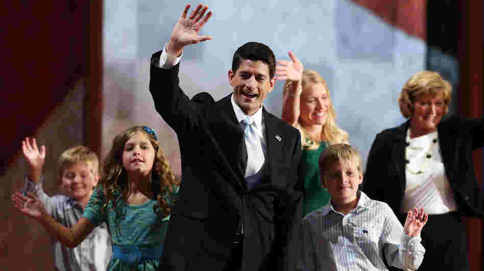 Republican vice presidential candidate, Rep. Paul Ryan waves with his family Wednesday at the GOP convention in Tampa. Also on stage: his daughter Liza, sons Charlie and Sam Ryan, wife Janna and mother Elizabeth.