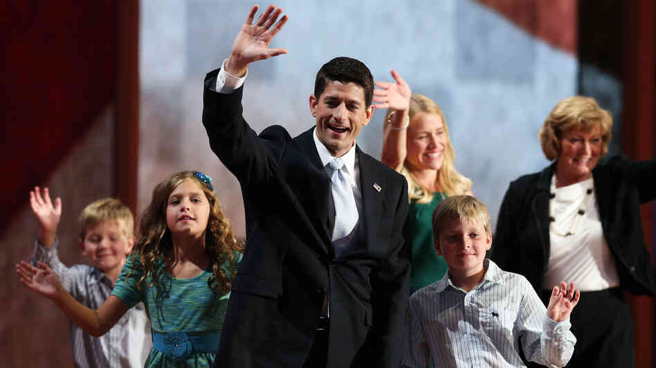 Republican vice presidential candidate, Rep. Paul Ryan waves with his family Wednesday at the GOP convention in Tampa. Also on stage: his daughter Liza, sons Charlie and Sam Ryan, wife Janna and mother Elizabeth.