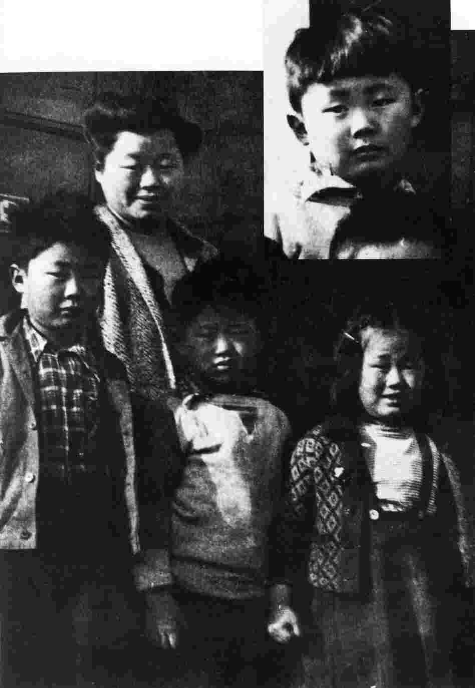George Takei (left) stands with his mother and siblings during their internment at Camp Tule Lake in California. The inset image at top right shows Takei as a kindergartener at Camp Rohwer in Arkansas.