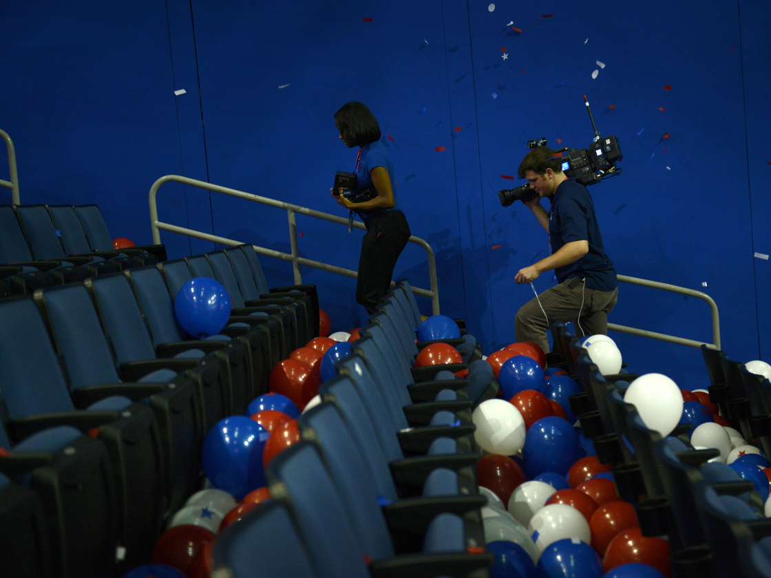 A camera crew leaves after the final day of the 2012 Republican national Convention at the Tampa Bay Times Forum August 29, 2012 in Tampa, Florida. Mitt Romney accepted the Republican nomination to run as the party's 2012 U.S. Presidential candidate against U.S. President Barack Obama.
