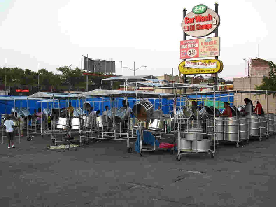Despers USA warms up before a rehearsal. The steel band is preparing to enter the annual Panorama Competition in Brooklyn over Labor Day weekend.