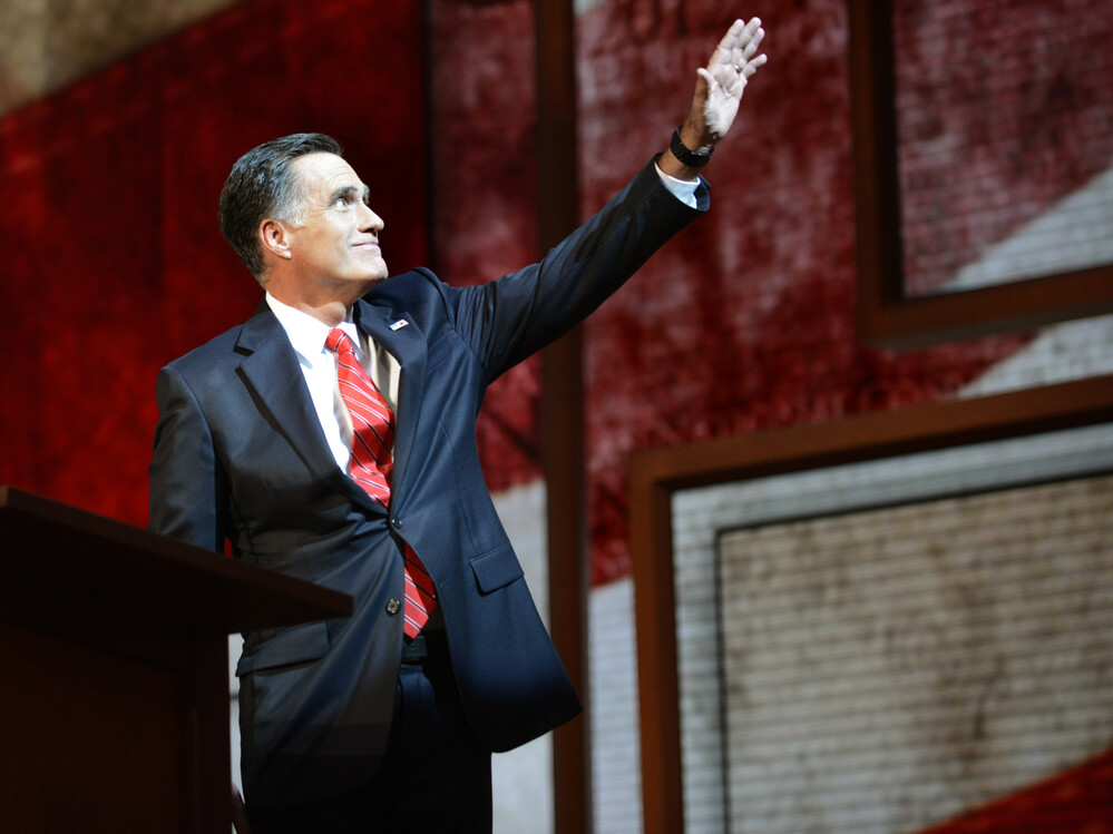 Mitt Romney waves before speaking during the final day of the 2012 Republican National Convention at the Tampa Bay Times Forum August 29, 2012 in Tampa, Florida. Romney accepted the Republican nomination to run as the party's 2012 U.S. Presidential candidate against President Barack Obama.