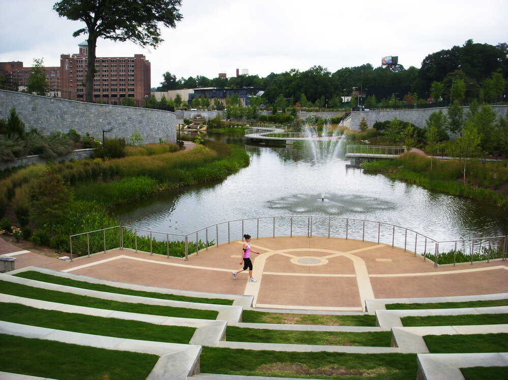 Green spaces and water features, like this new one behind Ponce de Leon Avenue in Atlanta, are ways cities can help combat rising temperatures. Trees provide shade, and evaporating water helps cool the air.