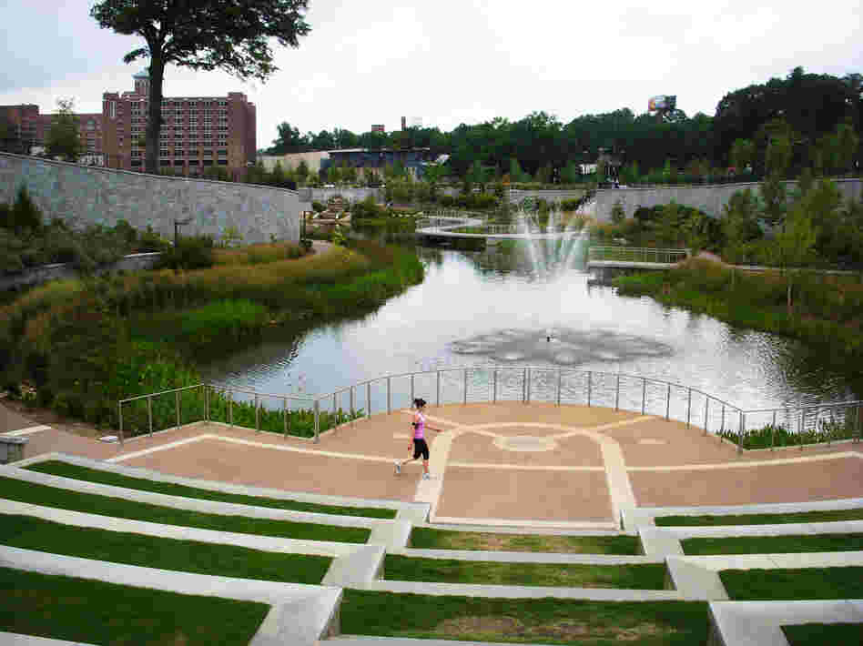 Green spaces and water features, like this new one behind Ponce de Leon Avenue in Atlanta, are ways cities can help combat rising temperatures. Trees provide shade, and evaporating water helps cool the air.