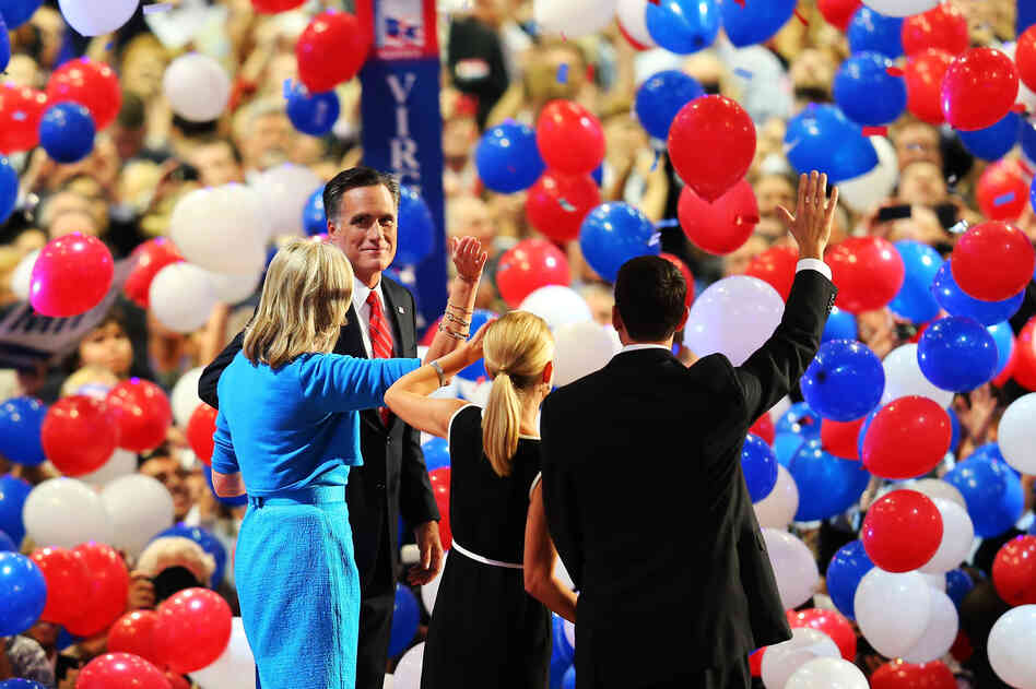GOP presidential candidate Mitt Romney and his wife, Ann, stand with vice presidential candidate Paul Ryan and his wife, Janna, during the final day of the Republican National Convention at the Tampa Bay Times Forum on Thursday in Tampa, Fla.