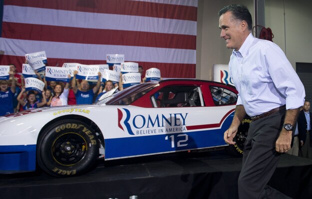 Republican presidential nominee Mitt Romney at the NASCAR Technical Institute in Mooresville, N.C, on Aug. 12.